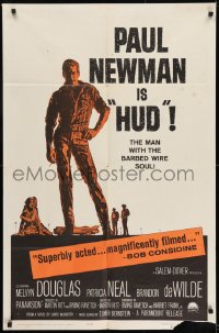 9p436 HUD 1sh 1963 close up of Paul Newman as the man with the barbed wire soul!