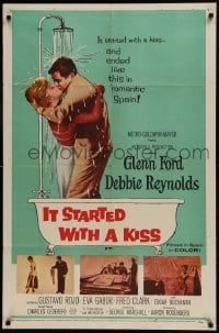 9p467 IT STARTED WITH A KISS 1sh 1959 Glenn Ford & Debbie Reynolds kissing in shower in Spain!