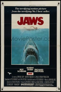 9p473 JAWS 1sh 1975 art of Spielberg's classic man-eating shark attacking swimmer!