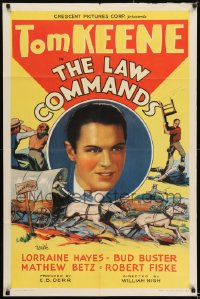9p498 LAW COMMANDS 1sh 1937 cool western artwork montage of cowboy hero Tom Keene!