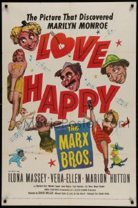 9p520 LOVE HAPPY 1sh R1953 Marx Brothers, the picture that discovered sexy Marilyn Monroe!