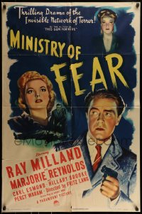 9p567 MINISTRY OF FEAR style A 1sh 1944 Fritz Lang, cool noir art of Ray Milland w/gun & Marjorie Reynolds!