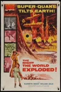 9p607 NIGHT THE WORLD EXPLODED 1sh 1957 a super-quake tilts the Earth, wild disaster artwork!