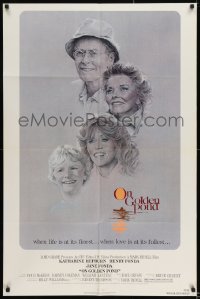 9p624 ON GOLDEN POND 1sh 1981 art of Hepburn, Henry Fonda, and Jane Fonda by C.D. de Mar