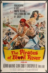 9p673 PIRATES OF BLOOD RIVER 1sh 1962 great art of buccaneer carrying sexy babe, Hammer!