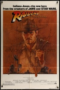 9p707 RAIDERS OF THE LOST ARK 1sh 1981 great art of adventurer Harrison Ford by Richard Amsel!