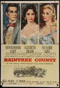 9p710 RAINTREE COUNTY 1sh 1957 art of Montgomery Clift, Elizabeth Taylor & Eva Marie Saint!