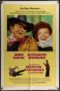 9p744 ROOSTER COGBURN 1sh 1975 great art of John Wayne & Katharine Hepburn!