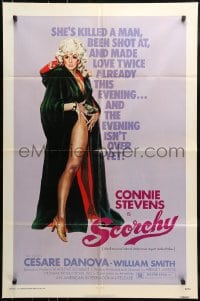 9p772 SCORCHY 1sh 1976 full-length art of sexiest barely-dressed Connie Stevens in black cape!