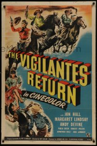 9p946 VIGILANTES RETURN 1sh 1946 Jon Hall, Margaret Lindsay & Andy Devine, cool western art!