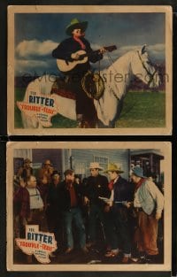9r987 TROUBLE IN TEXAS 2 LCs 1937 cowboy Tex Ritter on horseback, Rita Cansino Hayworth not billed!