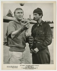 9s394 GREAT ESCAPE 8.25x10.25 still 1963 Steve McQueen with baseball prepares to test his theory!