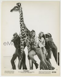 9s421 HATARI 8x10.25 still 1962 c/u of John Wayne, Hardy Kruger & men trying to move a giraffe!