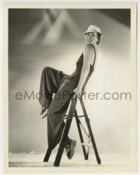 9s475 IRENE RICH 8x10.25 radio publicity still 1938 on ladder in brown linen sun-back pajamas!