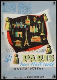 9t224 IF PARIS WERE TOLD TO US French 22x31 1956 cool art of landmarks by Clement Hurel!