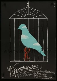 9t777 MEMORY Polish 23x33 1977 Spomen, cool Jerzy Flisak artwork of blue bird in cage!