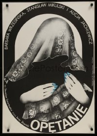 9t782 OPETANIE Polish 23x32 1973 Jacob Erol artwork of hooded woman with blue finger nails!