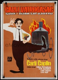 9t377 FIREMAN Yugoslavian 20x27 R1970s great wacky artwork of Charlie Chaplin!