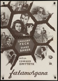 9t390 MIRAGE Yugoslavian 20x28 1965 cool artwork of Gregory Peck & Diane Baker!