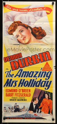 9w750 AMAZING MRS. HOLLIDAY Aust daybill 1943 art of Deanna Durbin, c/u & in bed!