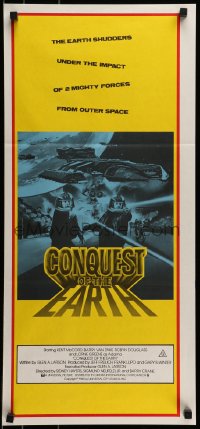 9w780 CONQUEST OF THE EARTH Aust daybill 1980 great image of wacky aliens terrorizing Hollywood!