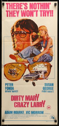 9w788 DIRTY MARY CRAZY LARRY Aust daybill 1974 art of Peter Fonda & sexy Susan George w/popsicle!