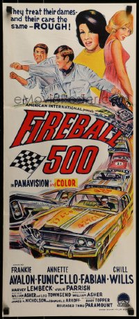 9w798 FIREBALL 500 Aust daybill 1966 driver Frankie Avalon & Annette Funicello, cool car art!