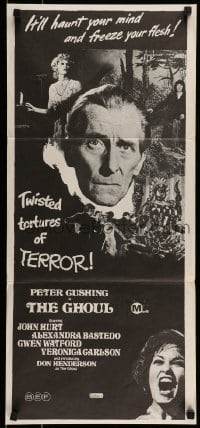 9w806 GHOUL Aust daybill 1975 close-up of Peter Cushing, cannibals, wild horror images!