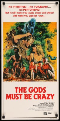 9w807 GODS MUST BE CRAZY Aust daybill 1984 Jamie Uys comedy about native African tribe, Mascii art!