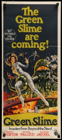 9w818 GREEN SLIME Aust daybill 1968 classic cheesy sci-fi, cool art of sexy astronaut & monster!