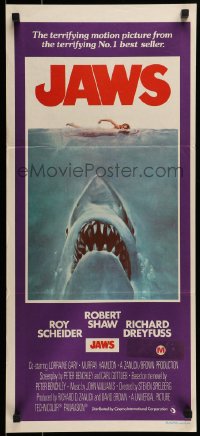 9w844 JAWS Aust daybill 1975 art of Spielberg's classic man-eating shark attacking sexy swimmer!