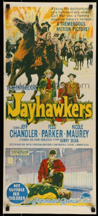 9w845 JAYHAWKERS Aust daybill 1959 Richardson Studio art of cowboys, Jeff Chandler, Fess Parker!
