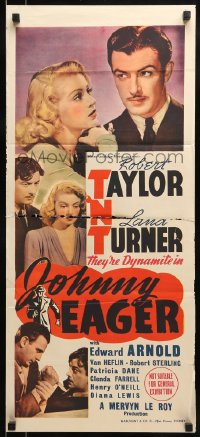 9w848 JOHNNY EAGER Aust daybill 1942 sexy Lana Turner & Robert Taylor are dynamite!
