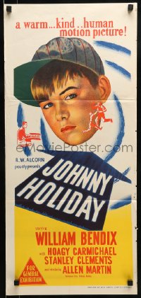 9w849 JOHNNY HOLIDAY Aust daybill 1950 introducing Allen Martin, a warm, kind, human motion picture!