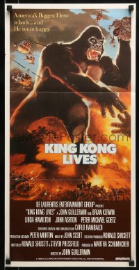 9w856 KING KONG LIVES Aust daybill 1986 great artwork of huge unhappy ape attacked by army!