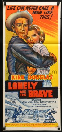 9w869 LONELY ARE THE BRAVE Aust daybill 1962 Kirk Douglas classic, life can never cage him!