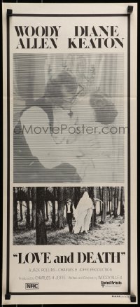 9w871 LOVE & DEATH Aust daybill 1975 Woody Allen & Diane Keaton romantic kiss close up!