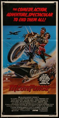 9w886 MEGAFORCE Aust daybill 1982 art of super hero Barry Bostwick as Ace Hunter on motorcycle!