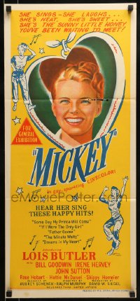 9w889 MICKEY Aust daybill 1948 art of pretty Lois Butler in title role, Bill Goodwin!