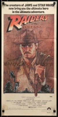 9w918 RAIDERS OF THE LOST ARK CIC Aust daybill 1981 great Richard Amsel artwork of Harrison Ford!
