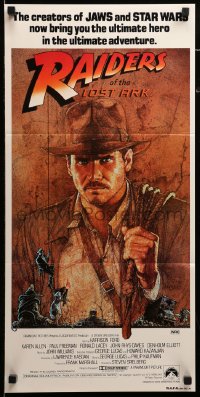 9w919 RAIDERS OF THE LOST ARK UIP Aust daybill 1981 art of adventurer Harrison Ford by Richard Amsel!