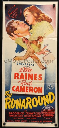 9w929 RUNAROUND Aust daybill 1946 art of Ella Raines being carried by Rod Cameron!