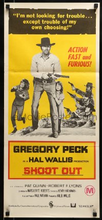 9w942 SHOOT OUT Aust daybill 1971 great image of gunfighter Gregory Peck vs. 3 fast guns!