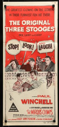 9w964 STOP LOOK & LAUGH Aust daybill 1960 Three Stooges, Larry, Moe & Curly + chimpanzees & dummy!