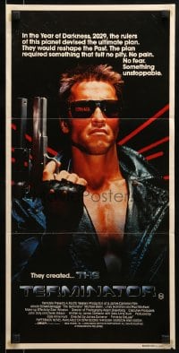 9w971 TERMINATOR Aust daybill 1984 super close up of classic cyborg Arnold Schwarzenegger w/gun!