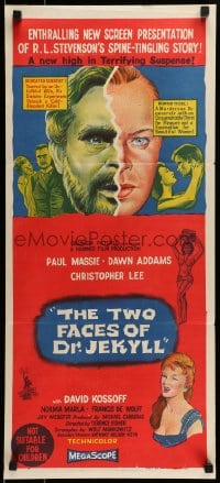 9w983 TWO FACES OF DR. JEKYLL Aust daybill 1961 Jekyll's Inferno, cool split face art!