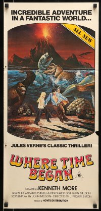9w992 WHERE TIME BEGAN Aust daybill 1980 Jules Verne, Campanil art of stars & gigantic dinosaurs!