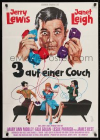 9w465 3 ON A COUCH German 1966 great image of screwy Jerry Lewis with three telephones!