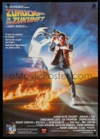 9w480 BACK TO THE FUTURE German 1985 art of Michael J. Fox & Delorean by Drew Struzan!
