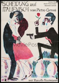 9w540 DIVORCE - ITALIAN STYLE German 1962 Poth art of Marcello Mastroianni w/ gun pointed at couple!
